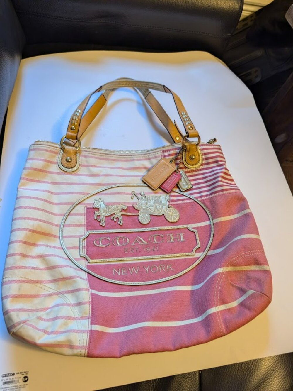 Coach Pink Striped Canvas Tote Bag #19618 In VGUC  Coach Poppy patchwork rocker
